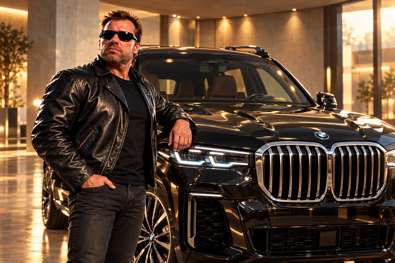 Direktorius su juoda odine striuke ir akiniais nuo saulės stovi prie juodo BMW X7
