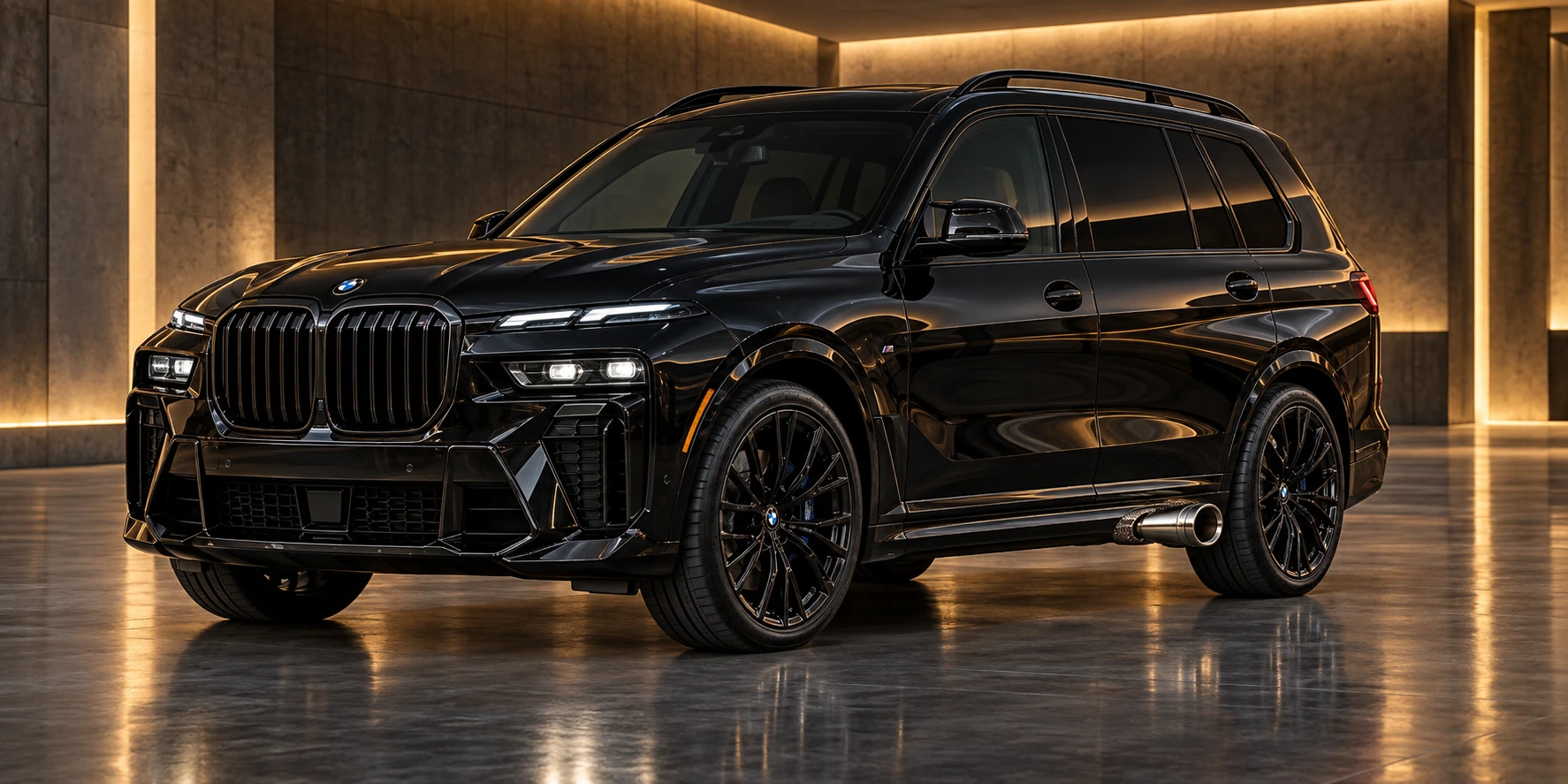 Juodas BMW X7 priekiu į dešinę